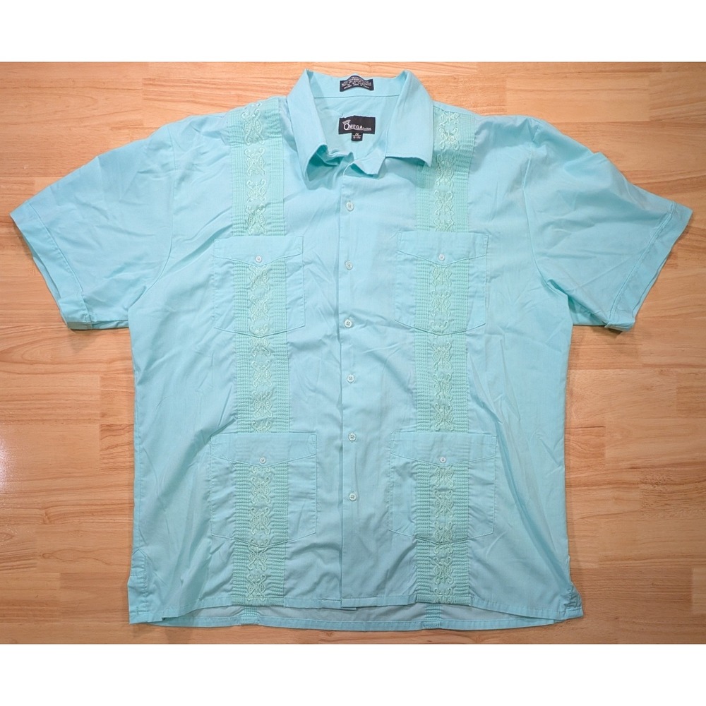 Omega Fashion Mens 2X Light Blue Guayabera Embroidered 4 Pocket Shirt RN153145